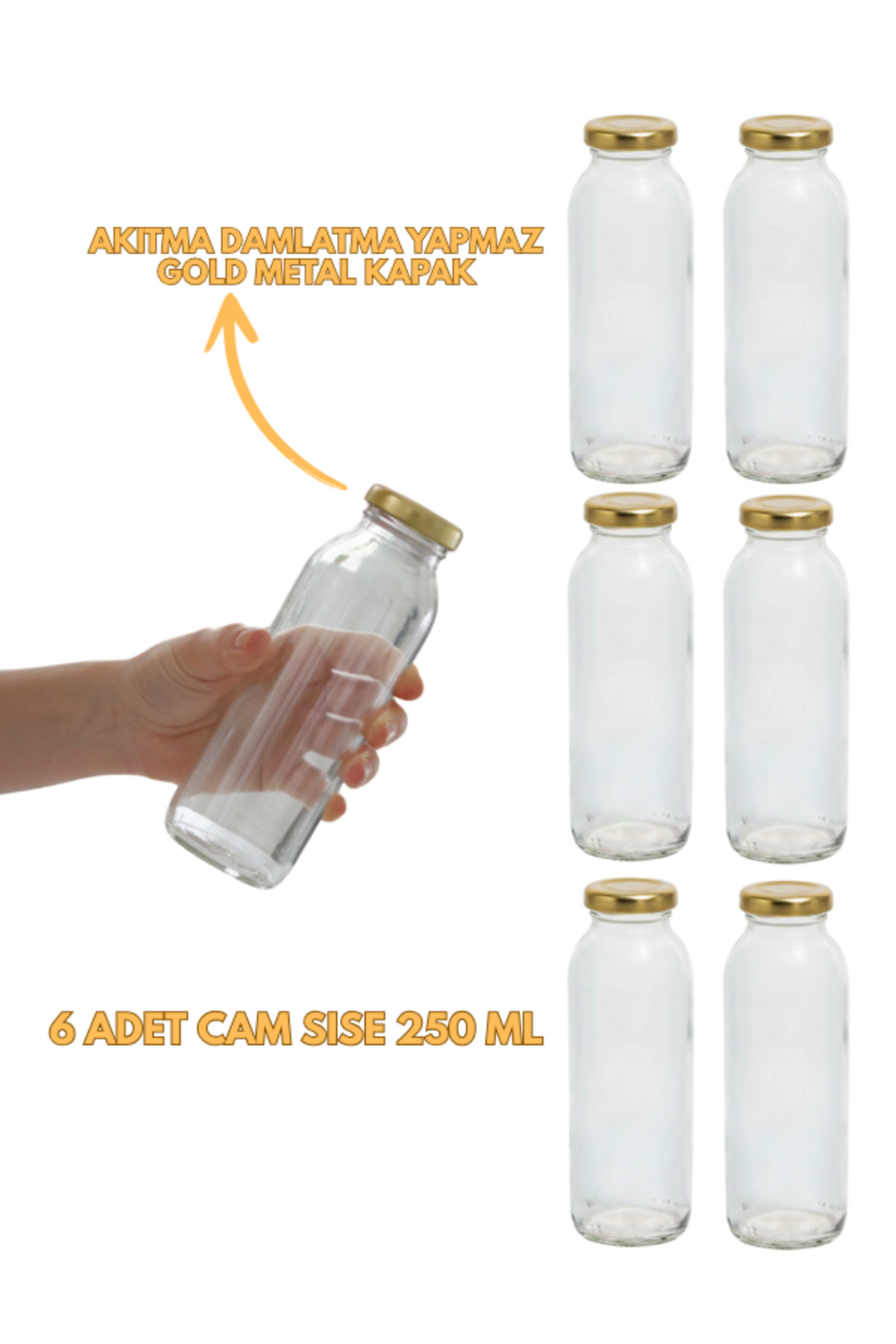 1_org_zoom 6 Adet Smoothie Şeffaf Meyve Suyu, Meşrubat, Limonata Şişesi Gold Metal Kapaklı Boş Cam Şişe 250 ml - Görsel 1
