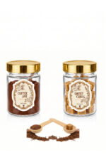 2'li Gold Kapaklı Şeffaf Cam Kahve ve Şeker Kavanozu Mutfak Organizer Kahve Köşesi Seti–Coffee Jar&Sweet Cubes Yazılı Suya Dayanıklı Etiketli–Ahşap Kaşıklı 2'li Set-350 ml - Görsel 2
