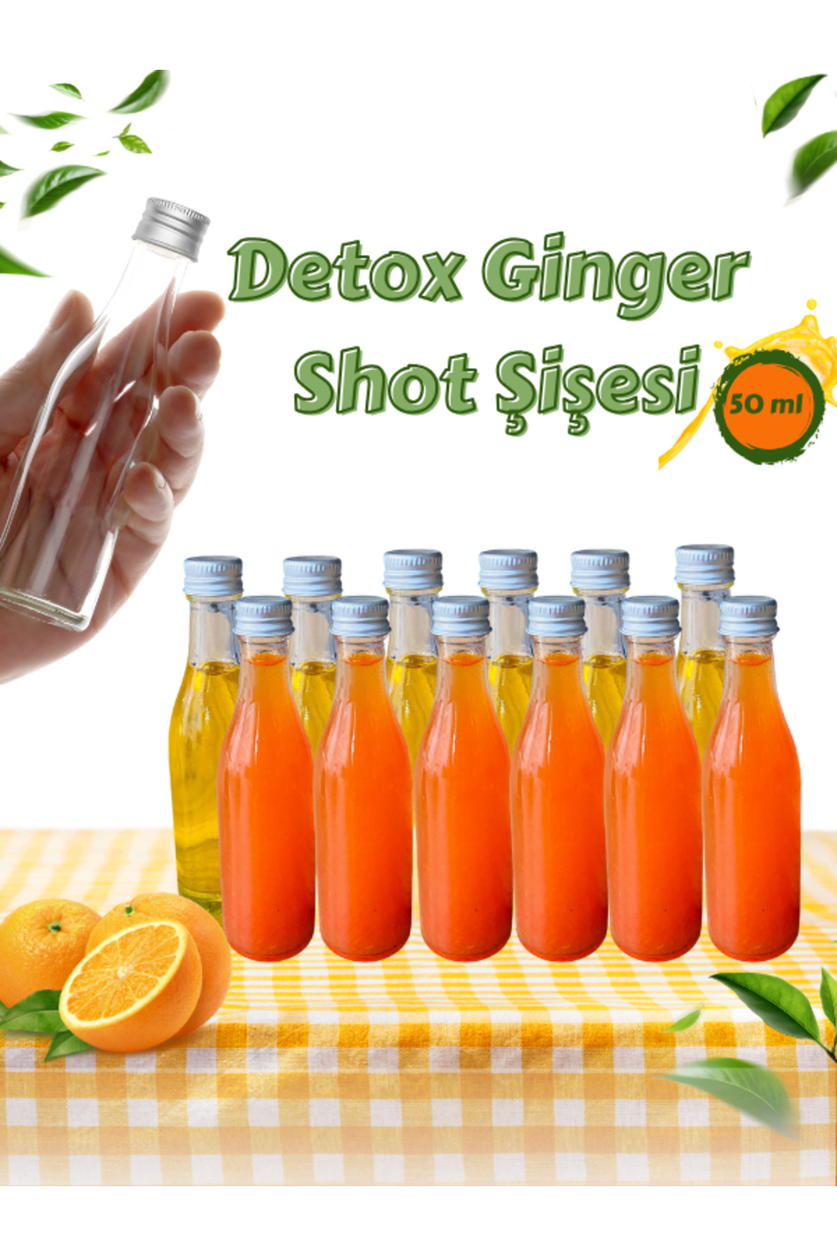 1_org_zoom 12 Adet Damla Cam Ginger Shot Detox Şişesi Sızdırmaz Metal Kapaklı Çok Amaçlı 50ml - Görsel 1