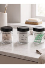 3'lü Şeffaf Cam Siyah Kapaklı Düzenleyici Kulak Pamuğu Diş İpi Banyo Organizer Seti – COTTON BUDS & COTTON PADS & DENTAL FLOSS Yazılı/ 255 ML