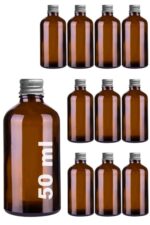 10 Adet Klasik Amber Cam Shot Şişesi Sızdırmaz Silver Metal Kapaklı Koku Çok Amaçlı Şişe 50ml