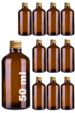 10 Adet Klasik Amber Cam Shot Şişesi Sızdırmaz Gold Metal Kapaklı Koku Çok Amaçlı Şişe 50ml