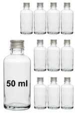 10 Adet Şeffaf Cam Shot Şişesi Sızdırmaz Silver Metal Kapaklı Hediyelik Koku Süs ÇokAmaçlı Şişe 50ml