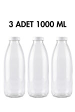 3 Adet Sızdırmaz Plastik Beyaz Kapaklı Şeffaf Cam Süt Ayran Limonata Meşrubat Şişesi 1000 Ml