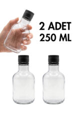2 Adet Şeffaf Meyve Suyu, Meşrubat, Limonata, Detox, Cold Brew, Yağdanlık Şişesi Siyah Plastik Kapaklı Tıpalı Cam Şişe 250 ml