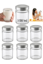 6 Adet Gümüş Metal Derin Kapaklı Şeffaf Cam Bebek Mama Kabı Mumluk Reçel Kavanozu 156 ml